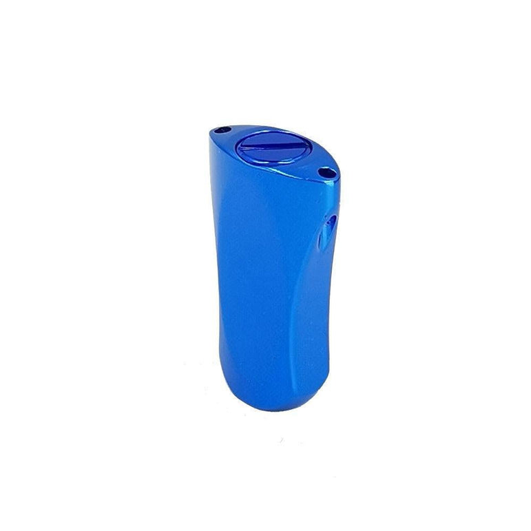 Ein metallisch blauer RL-Angelrollentuning-Aluminiumknopf 21 mm, flach und zylindrisch mit gebogener Form und kreisförmiger Vertiefung oben, konzipiert für universell passende Baitcaster-Rollen, fotografiert auf einem schlichten weißen Hintergrund.