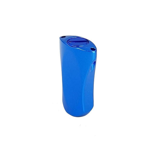 Ein metallisch blauer RL-Angelrollentuning-Aluminiumknopf 21 mm, flach und zylindrisch mit gebogener Form und kreisförmiger Vertiefung oben, konzipiert für universell passende Baitcaster-Rollen, fotografiert auf einem schlichten weißen Hintergrund.