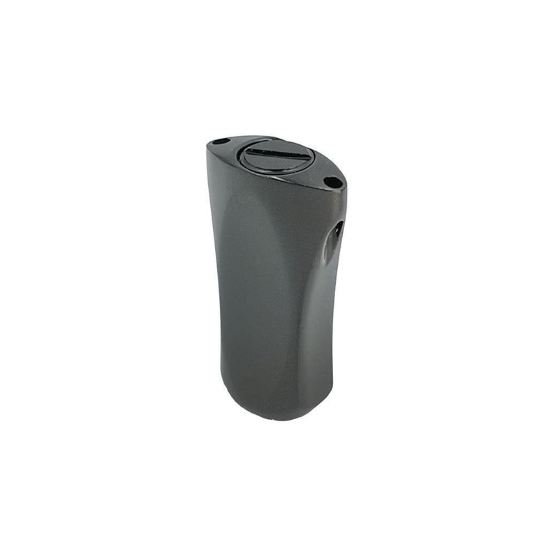Ein schwarzes, gebogenes Angelrollengerät aus Kunststoff mit dem RL-Angelrollentuning-Aluminiumknopf 21 mm | flach | Universal Fit auf der Oberseite, mit kleinen seitlichen Löchern, abgebildet vor einem weißen Hintergrund.