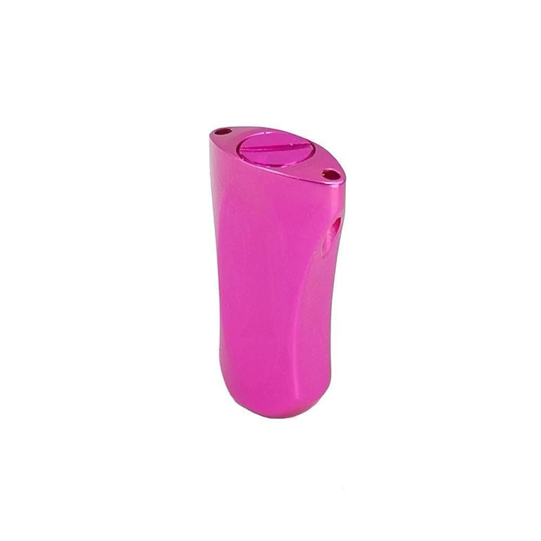 Der RL-Angelrollentuning-Aluminiumknopf 21 mm ist ein flaches, universell passendes ovales Accessoire in Metallic-Pink mit einem runden Knopf oben und einem seitlichen Loch, das vor einem weißen Hintergrund abgebildet ist.
