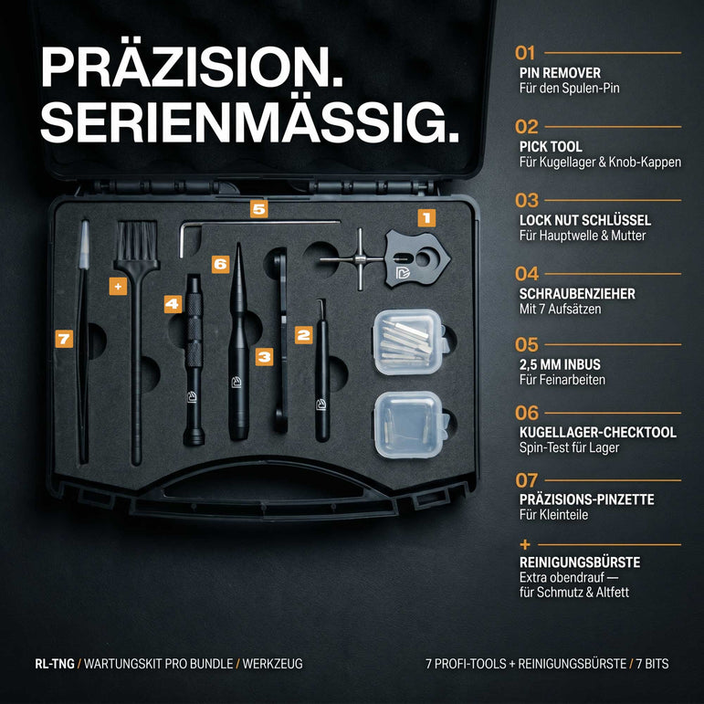RL - Angelrollentuning - Angelrollen Wartungskit Pro Bundle mit Werkzeug Öl & Wartungsmatte – Profi Setup - 