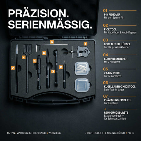 RL - Angelrollentuning - Angelrollen Wartungskit Pro Bundle mit Werkzeug Öl & Wartungsmatte – Profi Setup - 