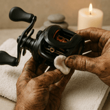Eine Person reinigt eine schwarze Angelrolle mit einem Wattepad über einem Handtuch. Zu sehen ist die Baitcaster-Wartung mit Formular von RL-Angelrollentuning – Individueller Rollenservice mit Außenwäsche, Tuning, Ultraschall & Premiumöl. Im Hintergrund sind eine Kerze und glatte graue Steine zu sehen.