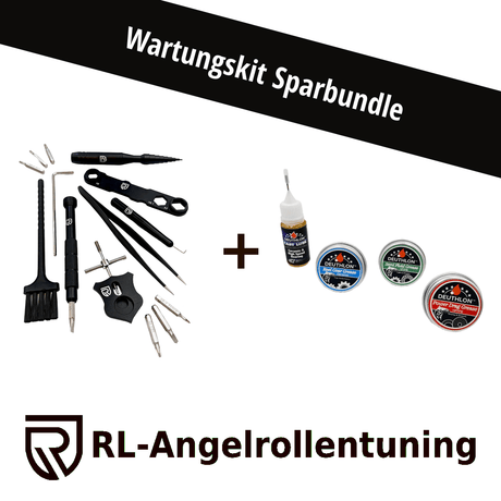 Abgebildet ist das Ready to Go Wartungskit von RL-Angelrollentuning mit Werkzeug, Schmiermittel und drei Fettbehältern – perfekt für die Wartung Ihrer Baitcaster-Rolle.