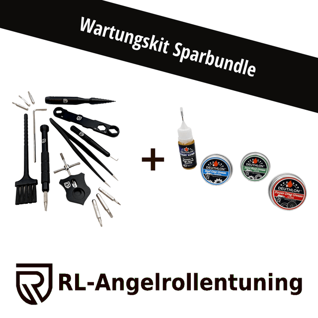 Abgebildet ist das Ready to Go Wartungskit von RL-Angelrollentuning mit Werkzeug, Schmiermittel und drei Fettbehältern – perfekt für die Wartung Ihrer Baitcaster-Rolle.