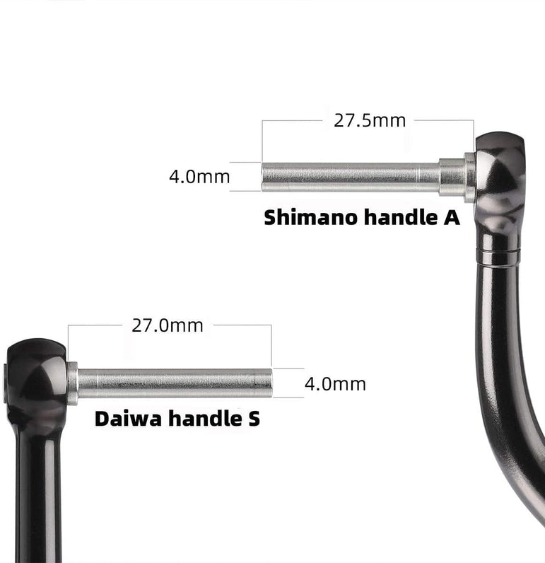 Zwei RL-TNG Kork Knob 20mm Griffe von RL-Angelrollentuning werden für Angelrollen gezeigt. Shimano Griff A hat einen Durchmesser von 27,5 mm, Daiwa Griff S einen Durchmesser von 27,0 mm; beide haben 4,0 mm starke Schäfte. Alle Maße sind beschriftet.