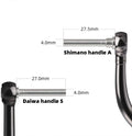 Zwei RL-TNG Kork Knob 20mm Griffe von RL-Angelrollentuning werden für Angelrollen gezeigt. Shimano Griff A hat einen Durchmesser von 27,5 mm, Daiwa Griff S einen Durchmesser von 27,0 mm; beide haben 4,0 mm starke Schäfte. Alle Maße sind beschriftet.