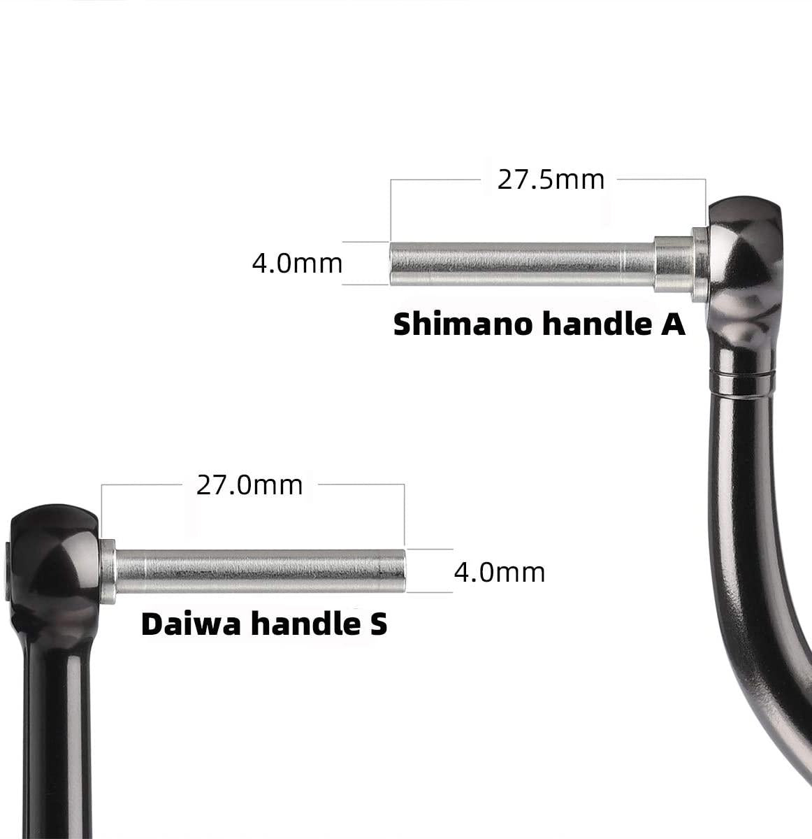 Nebeneinanderstellung zweier Griffe mit dem RL-Angelrollentuning RL-TNG Kork Knob 20 mm (Erdnuss, Universal Fit): Shimano-Griff A ist 27,5 mm lang, Daiwa-Griff S 27,0 mm; beide sind am Schaft 4,0 mm dick für eine reibungslose Leistung.