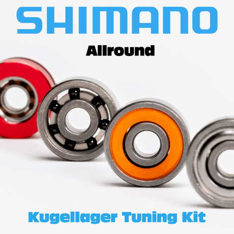 Auf weißem Untergrund sind vier Kugellager in unterschiedlichen Farben diagonal aufgereiht. Der Text lautet: RL-TNG Highspeed Kugellager Set von RL-Angelrollentuning, passend für fast alle Shimano Baitcaster, mit Highspeed ABEC 9 Performance.