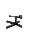 Der Röllenständer DK | Reel Stand von RL-Angelrollentuning ist ein schwarzer, kreuzförmiger Organizer aus Kunststoff mit zentralem Drehmechanismus und QUICKPLAY in Gelb – perfekt für Ihre Baitcasterrolle.