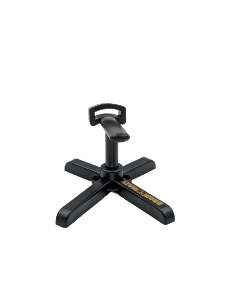Der RL-Angelrollentuning Röllenständer DK ist ein schwarzer Kunststoffständer mit breiter kreuzförmiger Basis, einer zentralen vertikalen Stütze mit einem Griff an der Oberseite und dem gelben Aufdruck „DOMINATOR“ auf einem Basisarm.