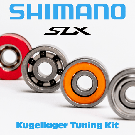 Eine Nahaufnahme von vier bunten Kugellagern mit dem Text „RL-TNG Kugellager Tuning Kit für Shimano SLX, SLX DC & SLX MGL – Spulenlager & Pinionlager Upgrade“ von RL-Angelrollentuning in Blau und Schwarz oben und unten auf weißem Hintergrund.