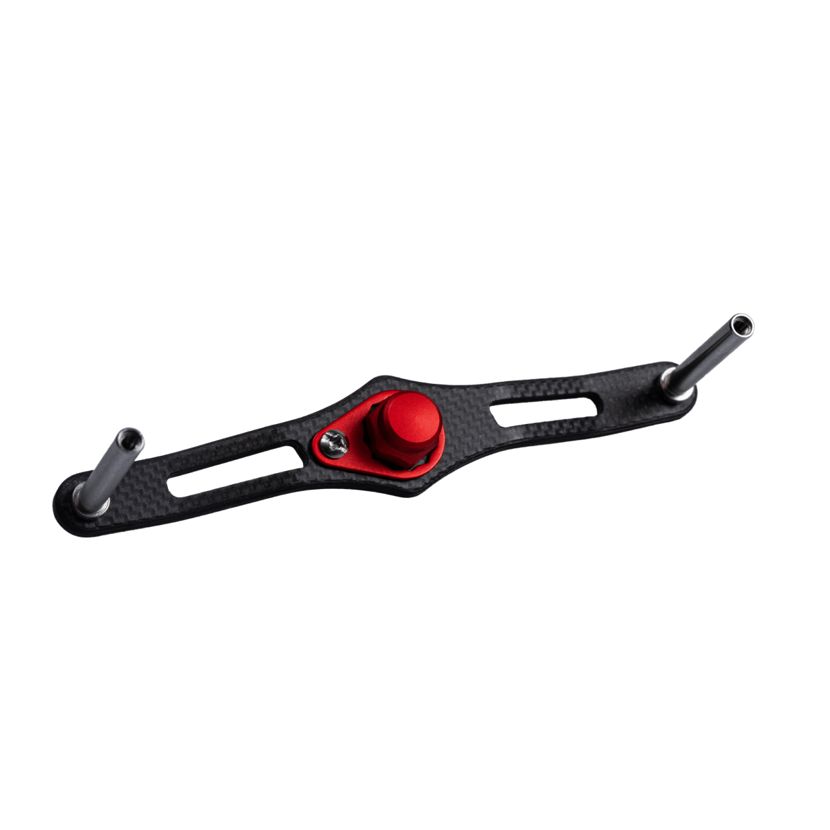 Die RL-TNG EGL 95 Carbon Handle ist eine leichte Baitcaster-Kurbel aus Kohlefaser mit rotem Mittelknauf, seitlichen Schlitzen und Metallstangen an beiden Enden – ideal für Ihre Rolle. Marke: RL-TNG. Farbe: Rot. Isoliert auf weißem Hintergrund.