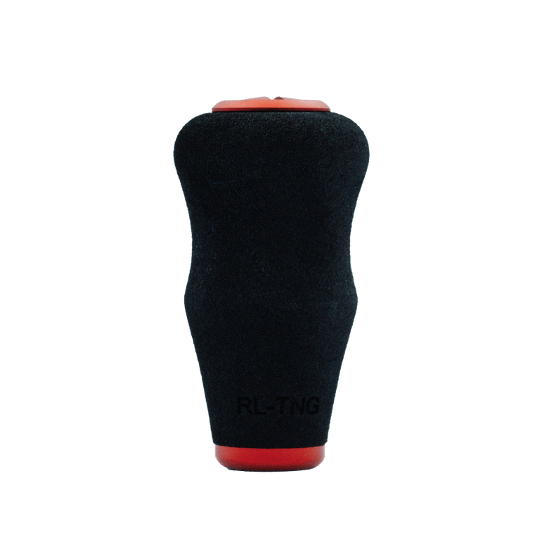 Der RL-TNG OCT 24 EVA-Knopf von RL-TNG ist ein roter, zylindrischer Knauf mit einer matten EVA-Textur, der an den Enden breiter ist und rote Akzente und den Text „RL-TNG“ in der Nähe der Basis für maximalen Halt aufweist.