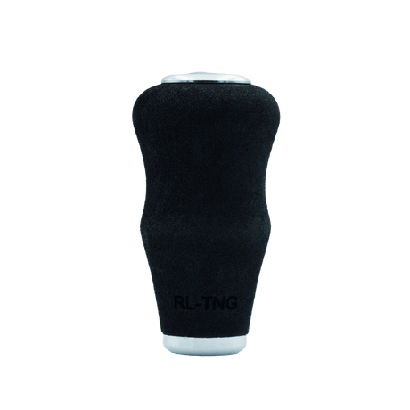 Ein silberner RL-TNG OCT 24 EVA-Knopf von RL-TNG, ergonomisch geformt mit matter Textur und weißen Endkappen, trägt den Schriftzug „RL-TNG“ am unteren Ende. Er besteht aus EVA-Material für optimalen Halt und ist auf einem schlichten weißen Hintergrund abgebildet.