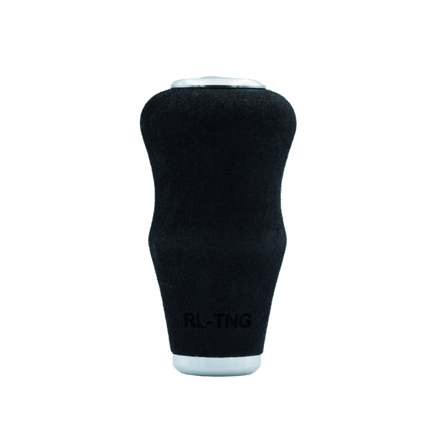 Ein silberner RL-TNG OCT 24 EVA-Knopf von RL-TNG, ergonomisch geformt mit matter Textur und weißen Endkappen, trägt den Schriftzug „RL-TNG“ am unteren Ende. Er besteht aus EVA-Material für optimalen Halt und ist auf einem schlichten weißen Hintergrund abgebildet.