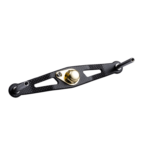 Ein goldener RL-TNG TGR 95 Carbon Handle | Baitcaster-Kurbel von RL-TNG mit zwei zylindrischen Metallenden und einer zentralen Goldkomponente ist ultraleicht und isoliert auf weißem Hintergrund abgebildet.