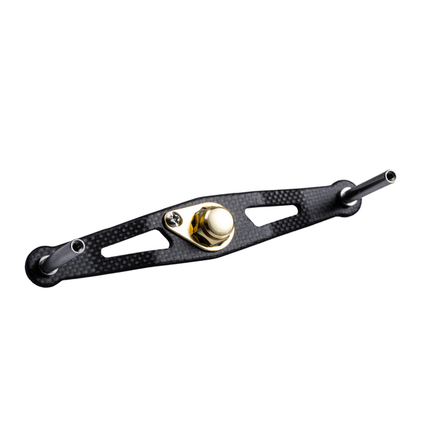 Ein goldener RL-TNG TGR 95 Carbon Handle | Baitcaster-Kurbel von RL-TNG mit zwei zylindrischen Metallenden und einer zentralen Goldkomponente ist ultraleicht und isoliert auf weißem Hintergrund abgebildet.