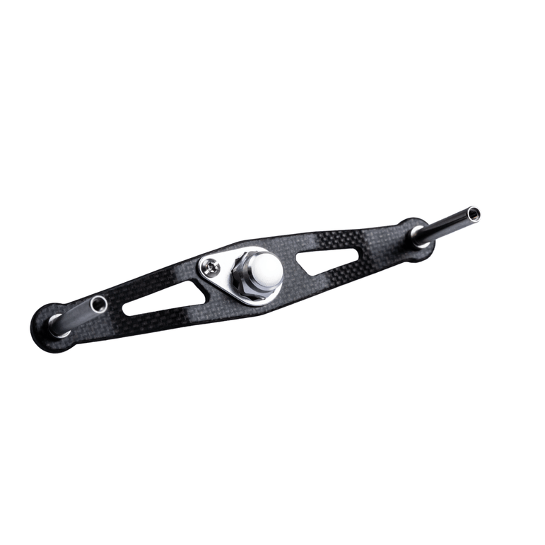 Eine silberne RL-TNG TGR 95 Carbon Handle Baitcaster-Kurbel von RL-TNG, ultraleicht mit einer zentralen Befestigungsschraube und zwei Metallstangen, die an jedem Ende herausragen, vor einem weißen Hintergrund.