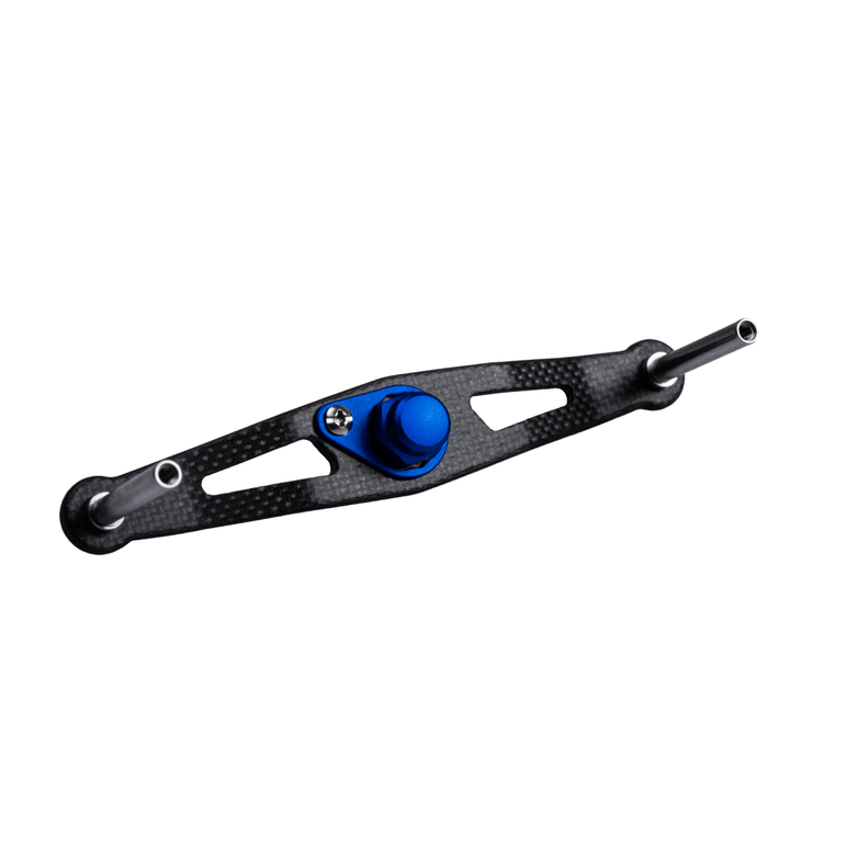 Ein blauer RL-TNG TGR 95 Carbon Handle | Baitcaster-Kurbel von RL-TNG mit einem zentralen blauen Knopf und Metallstäben an jedem Ende wird auf einem weißen Hintergrund angezeigt.