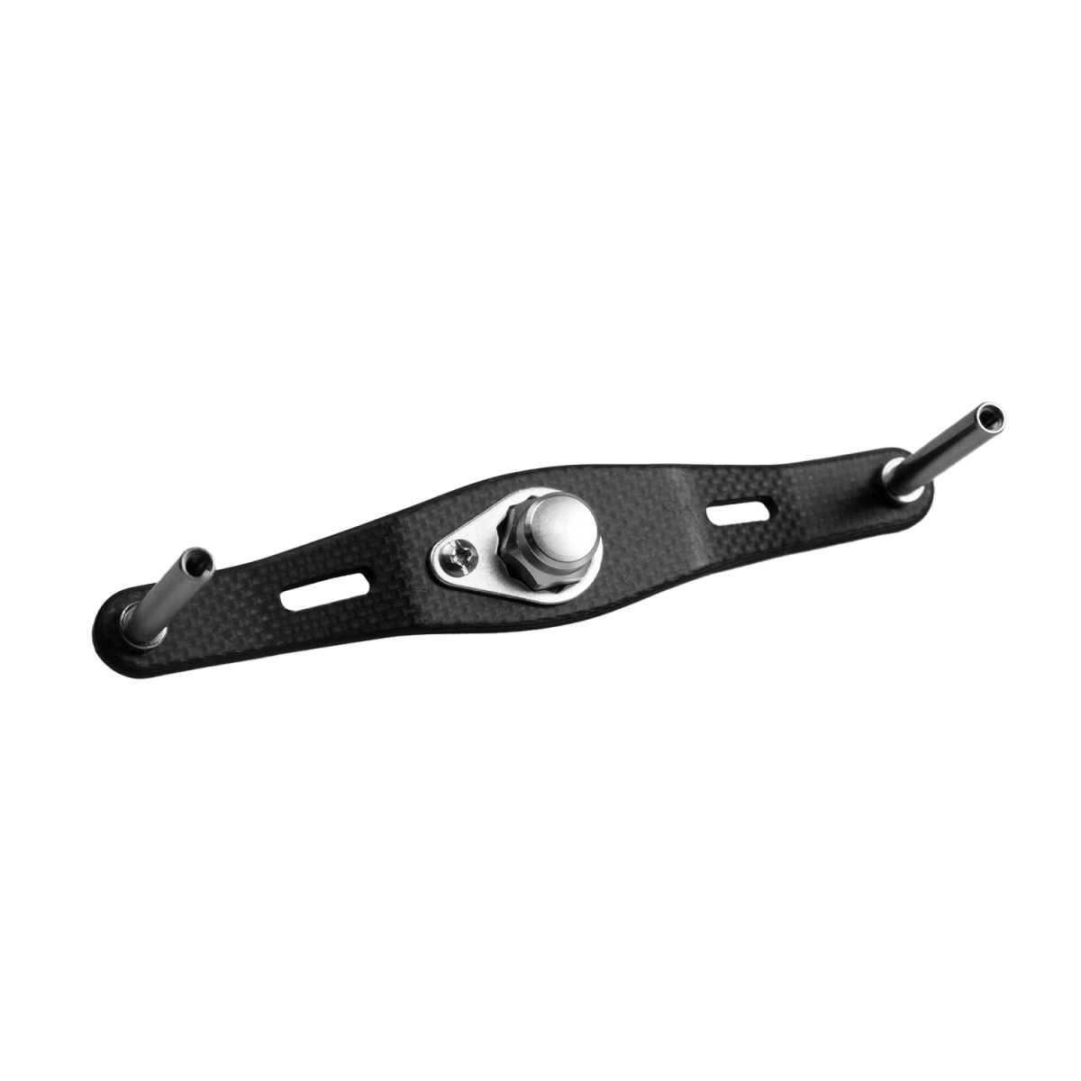 Der RL-TNG WLF 95 Carbon Handle von RL-TNG in Silber verfügt über einen zentralen Knopf und eine Schraube, zwei Metallstangen für maximale Stabilität und längliche Seitenschlitze – ideal als Baitcaster-Kurbel.