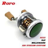 Auf weißem Hintergrund ist eine silber-goldene Roro Lure BFS Titanium Spule AX22-Rolle mit Korkgriffen abgebildet. „23 SLP Millionaire Air“, „22 Silver Creek Air“ und andere Modellnamen sind in roter und schwarzer Schrift dargestellt.