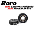 Zwei Roro Lure-Kugellager, eines flach und eines aufrecht, werden mit dem Text angezeigt: Roro BFS Keramik Kugellager Set passt für 2023 Calcutta Conquest BFS und 2022 Aldebaran BFS – ideal für Bait Finesse Fishing.
