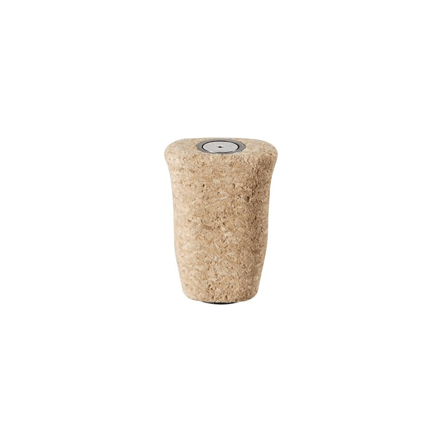 Ein einzelner SLP Works RCS i-Shape Cork Knob Flaschenverschluss in Non Coat Farbe, mit einer leicht ausgestellten Oberseite und einem zentralen Metalldetail, dargestellt vor einem schlichten weißen Hintergrund.