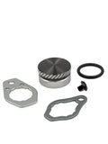 Das SLP Works MC Zero Adjuster Set von SLP Works enthält fünf Metall- und Gummikomponenten für Daiwa Baitcasting-Rollen: einen runden, strukturierten Knopf, zwei Platten mit Löchern, eine schwarze Schraube und einen schwarzen O-Ring auf weißem Grund.