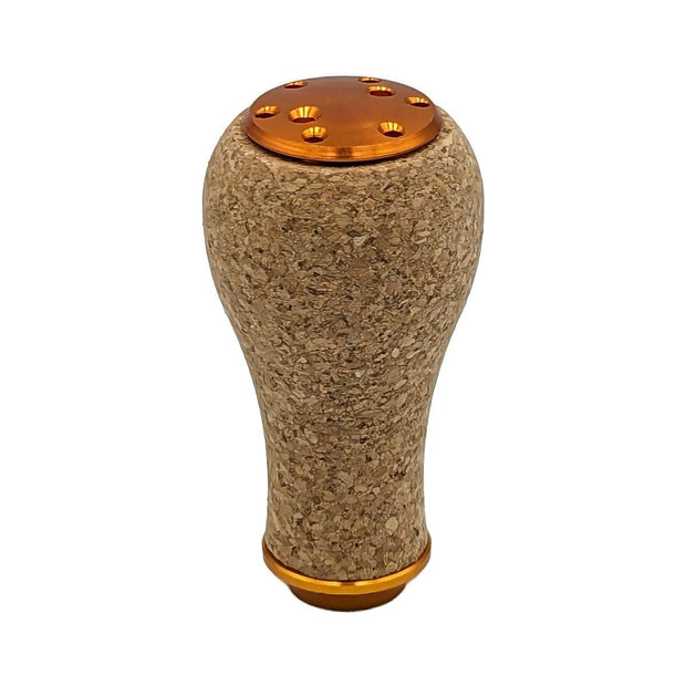 Der SLP Works Power Light Cork Knob S von SLP Works hat einen abgerundeten Korkgriff mit orangefarbenen Enden und kreisförmigen, gleichmäßig verteilten Löchern - ideal für Baitcasting-Rollen.