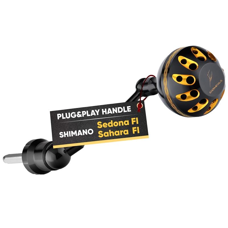 RL - Angelrollentuning - Gomexus Aluminium Handle 57 mm mit 35 mm Power Knob für Shimano Spinnrollen | Lock - Type Kurbelarm Upgrade - Gold - 