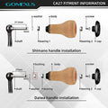 Diagramm zur Installation des Shimano- und Daiwa-Baitcaster-Griffs mit beschrifteten Teilen – Schraube, Kappe, Lager, Knopf, Unterlegscheibe, Buchse, Schaftgrößen (Shimano: 4/5 mm; Daiwa: 4 mm) – plus Informationen zur Passform des Gomexus 27 mm Kork-Knopfs.