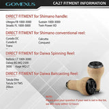 Die Tabelle zeigt die Montage des 27-mm-Kork-Knopfs von Gomexus und listet kompatible Shimano- und Daiwa-Spinn- sowie Daiwa-Baitcaster-Rollen auf. Unten rechts sind zwei Bilder der Befestigung des Kork-Knopfs in Hellbraun und Schwarz zu sehen. Marke: Gomexus.