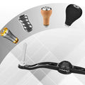 Ein schwarzer Gomexus Aluminiumgriff | ohne Knöpfe (7 x 4 mm) wird mit vier austauschbaren Knöpfen in verschiedenen Farben und Materialien darüber angezeigt, alle vor einem geometrischen Hintergrund.