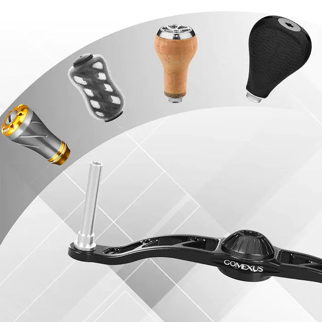 Ein schwarzer Gomexus Aluminiumgriff | ohne Knöpfe (7 x 4 mm) wird mit vier austauschbaren Knöpfen in verschiedenen Farben und Materialien darüber angezeigt, alle vor einem geometrischen Hintergrund.