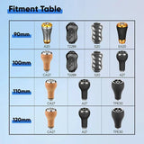 Eine Einbautabelle listet vier Gomexus Aluminium Handle | ohne Knobs (7x4mm)-Modelle für 90 mm, vier für 100 mm und drei – einschließlich idealer Auswahlmöglichkeiten für Ihre Baitcasterrolle – für die Größen 110 mm und 120 mm auf.