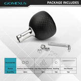 Ein Gomexus Carbon Power Knob 38 mm wird mit einer Metallbasis, einem Inbusschlüssel, zwei Lagern, drei Unterlegscheiben, einer Buchse und einem Zubehörtisch angezeigt – gefertigt aus hochwertiger Toray-Kohlefaser von Gomexus.