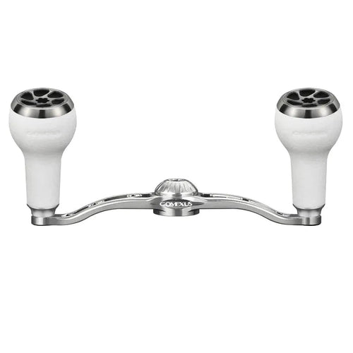 Auf einem schlichten weißen Hintergrund ist eine Gomexus-Kurbel mit 100 mm silbernem Griff und 27 mm weißen TPE-Knöpfen (8 x 5 mm) und dem Markennamen „Gomexus“ abgebildet.