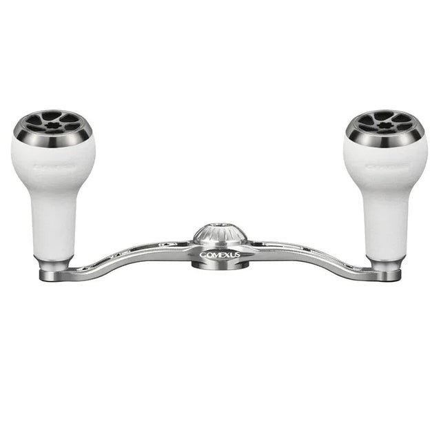 Auf einem schlichten weißen Hintergrund ist eine Gomexus-Kurbel mit 100 mm silbernem Griff und 27 mm weißen TPE-Knöpfen (8 x 5 mm) und dem Markennamen „Gomexus“ abgebildet.