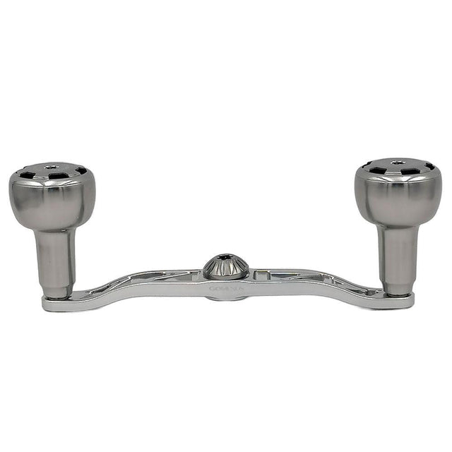 Der Gomexus Crank 110 mm Griff mit 30 mm Sailor Power Knobs (8 x 5 mm) von Gomexus wird von vorne gezeigt und verfügt über zwei abgerundete Knöpfe und einen zentralen Balken vor einem weißen Hintergrund.