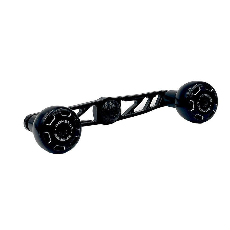 Ein schwarzer Gomexus Crank 110 mm Griff mit 30 mm Sailor Power Knobs (8 x 5 mm), leichtem, durchbrochenem Arm und strukturierten, runden Griffen. Passend für Kurbelgriffe und Baitcasterrolle. Die Knöpfe sind mit der Marke „Gomexus“ und den Produktdetails versehen.
