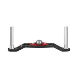 Eine Gomexus Kurbelhalterung für 85 mm Carbon-Griffe aus Metall und Carbonfaser, zwei vertikalen Pfosten und einer zentralen roten Kuppelkappe für kompatible Shimano-Rollen, Vorderseite auf weißem Grund. Knöpfe (7 x 4 mm) nicht im Lieferumfang enthalten.