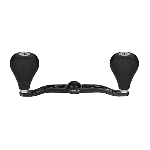 Der Gomexus Power Handle mit Flat Knob 110mm (7x4mm) von Gomexus, in Schwarz mit zwei großen ergonomischen TPE-Griffen, ist für Angelrollen konzipiert und auf weißem Hintergrund abgebildet.