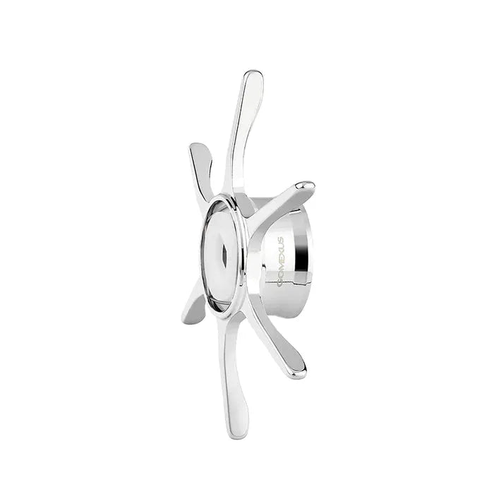 Die Gomexus Sternbremse 60 mm von Gomexus hat sechs gebogene, silberne Speichen, die von einer zentralen Nabe ausgehen. Fotografiert auf einem weißen Hintergrund, ist es ideal für die Aufwertung Ihrer Shimano Baitcastrolle.