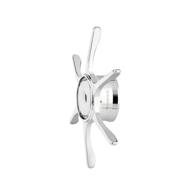 Die Gomexus Sternbremse 60 mm von Gomexus hat sechs gebogene, silberne Speichen, die von einer zentralen Nabe ausgehen. Fotografiert auf einem weißen Hintergrund, ist es ideal für die Aufwertung Ihrer Shimano Baitcastrolle.