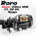 Eine Nahaufnahme einer Roro Lure BFS Titanium Spule X27 Angelrolle mit schwarzen und goldenen Akzenten und einer Titanlegierungsachse. Über der Rolle steht in fetter kursiver Schrift: 21 Steez SV TW, 21 Zillion SV TW, Zillion 1016 T3, SS SV Ryoga.